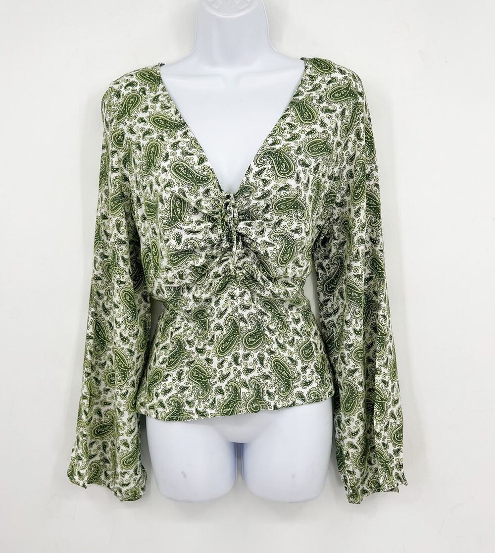 FAITHFULL THE BRAND Women's Bell Sleeve Top Size 10 Green Paisley NWOT